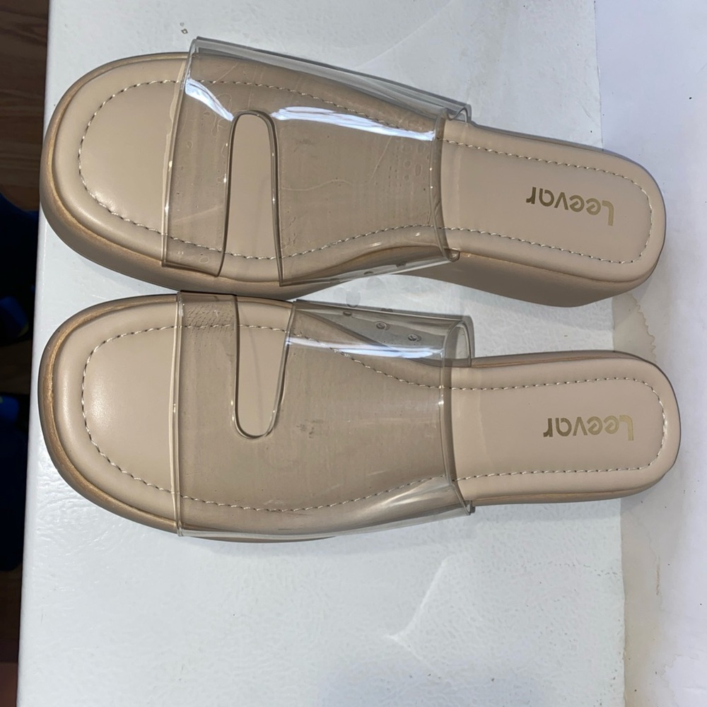 Tan Sandals with wide clear strap across foot backless sz 9